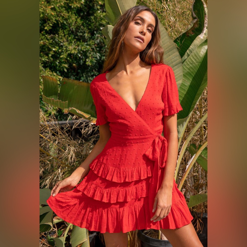 Call Me Cute Red Swiss Dot Tiered Faux Wrap Mini Dress Medium